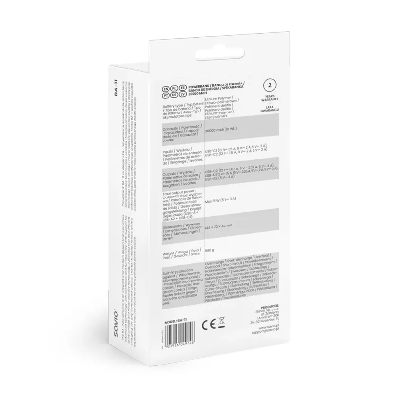 Powerbank SAVIO BA-11 Li-Ion 30000 mAh, 3,7 V, USB-C x2, baltas