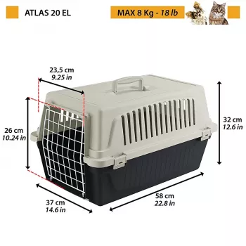 Kietas naminių gyvūnų nešiklis FERPLAST Atlas 20 EL, technopolimeras, W370×D580×H320 mm, svoris 1,85 kg