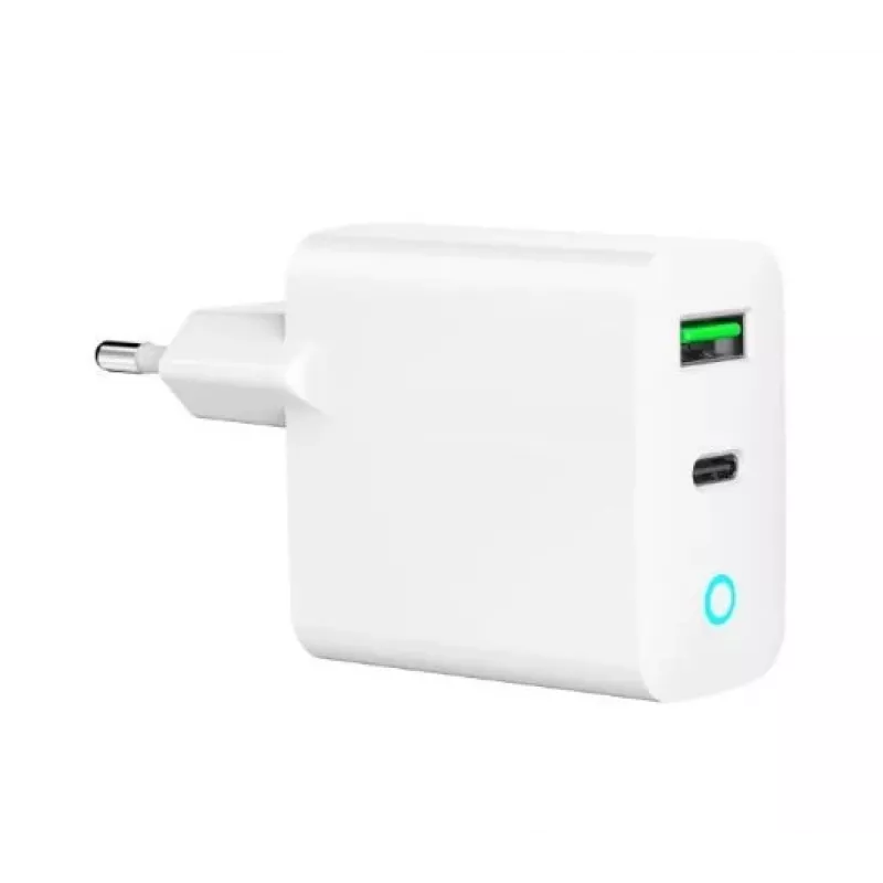 Sieninis maitinimo adapteris 220V GEMBIRD, universalus, 1× USB Type-C PD 20W, 1× USB-A 3.0 QC 18W, LED indikatorius, baltas