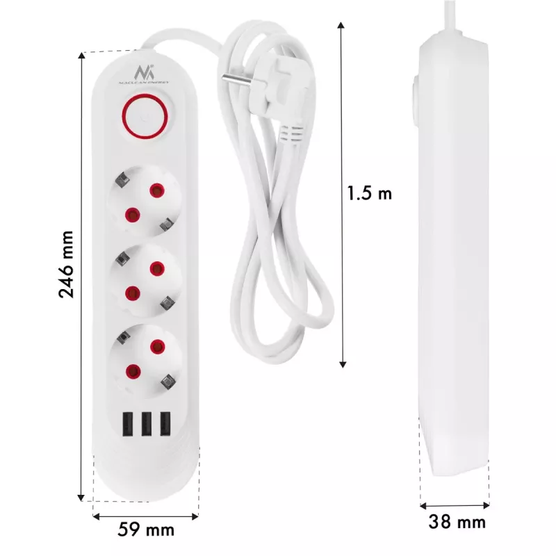 Maitinimo juosta MACLEAN MCE394W – 3 lizdai, 3×USB 2.1A, 110–240V AC, 2500W, 1,5 m laidas, balta