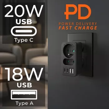 Maitinimo daliklis MACLEAN MCE249 F/B – 2 AC lizdai (16A + 6A) su 2×USB-A ir 2×USB-C PD 20W, EU kištukas, juodas