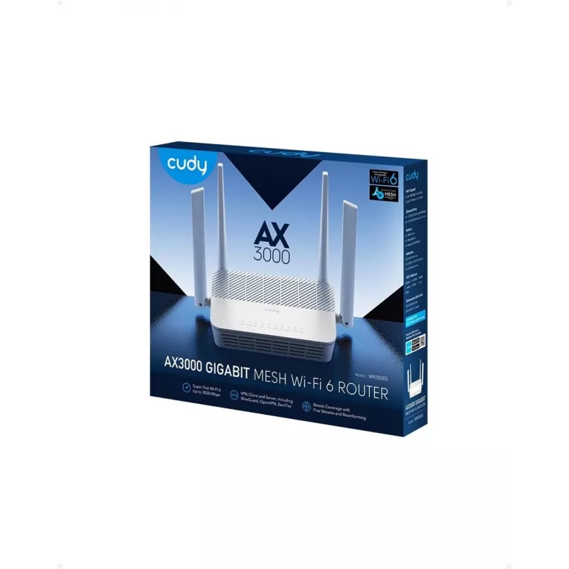 Belaidis maršrutizatorius Cudy AX3000 (Wi‑Fi 6 Dual‑band 2,4/5 GHz, Gigabit Ethernet, 4x LAN, 2402+574 Mb/s)