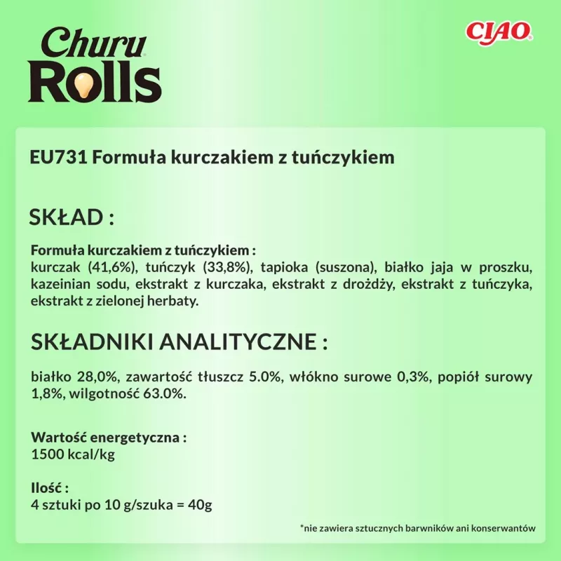 INABA Churu Rolls Vištienos receptas su tunu – skanėstai katėms – 4x10 g