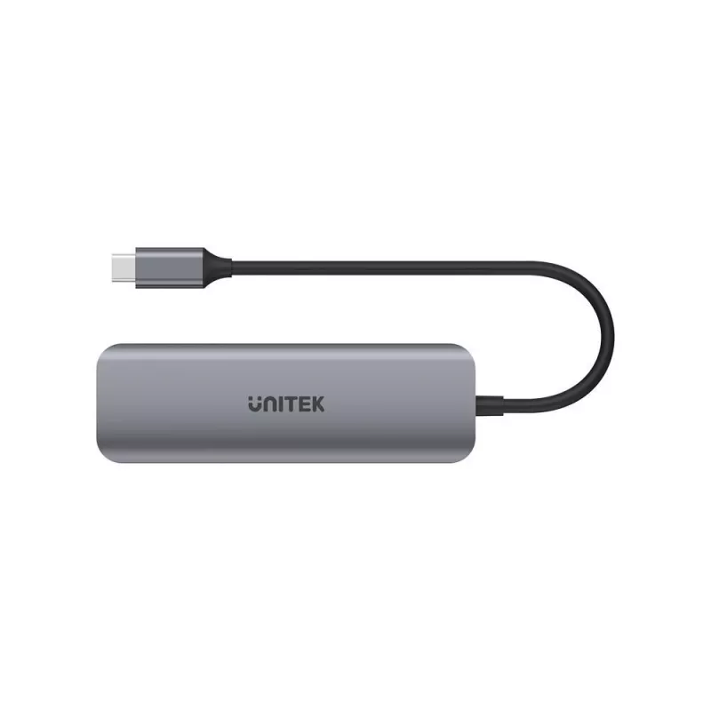 USB šakotuvas Unitek P5+ H1107A — 4 × USB-A 3.2 Gen 2, USB-C 3.2 Gen 1, 5 Gbit/s, 10 W PD, aliuminis, pilkas