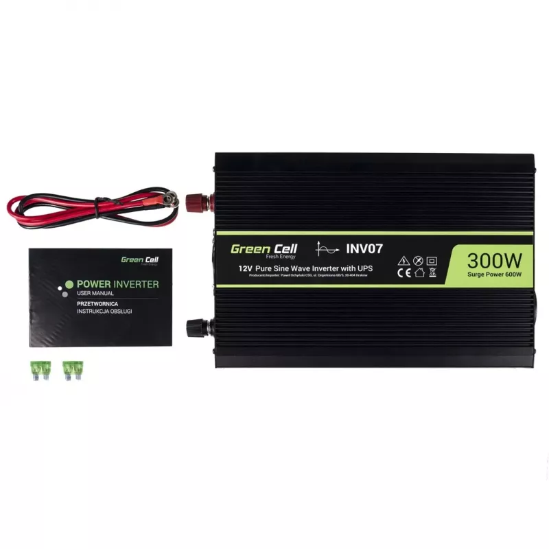 Inverteris Green Cell INV07, 12 V DC į 230 V AC, 300 W, gryna sinusinė banga, C tipo kištukas, juodas