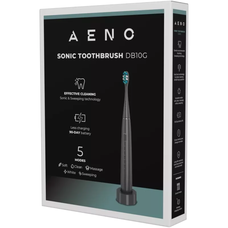 Belaidis dantų šepetėlis AENO, pilkas, 3 antgaliai, 1400 mAh, režimai: Soft, Clean, Massage, White, Sweep