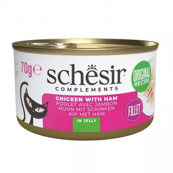 Šlapias ėdalas katėms Agras Pet Foods SCHESIR vištiena su kumpiu drebučiuose, 70 g, 12% baltymų, 86% drėgmės