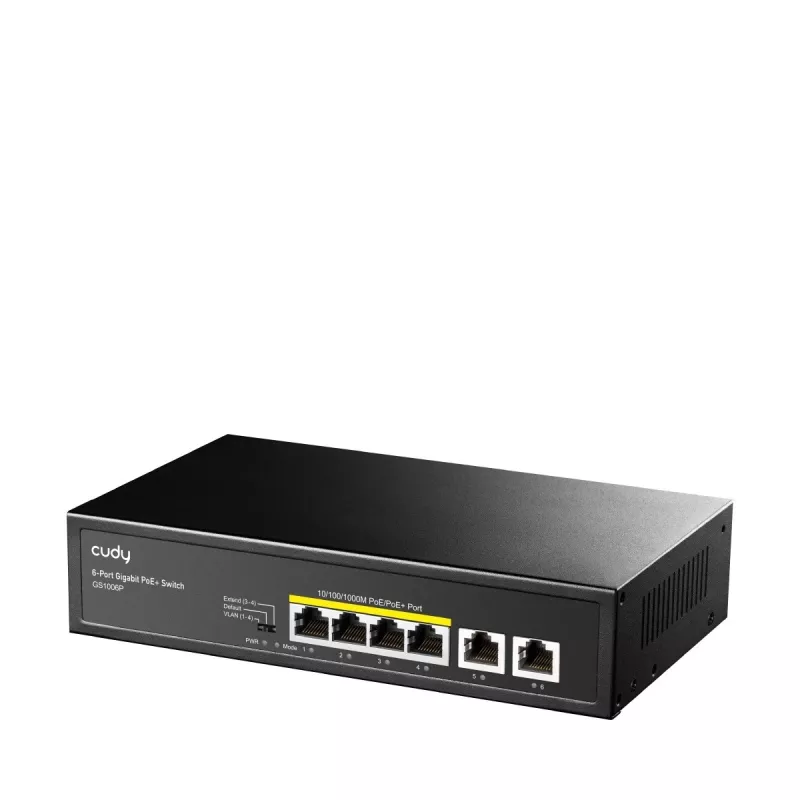 Cudy GS1006P tinklo jungiklis, nevaldomas Gigabit Ethernet, 6 prievadai PoE, 12 Gbit/s, 2048 MAC, juodas