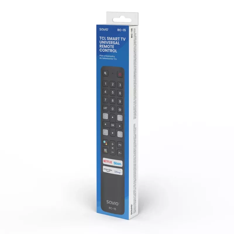 SAVIO universalus TV nuotolinio valdymo pultas RC-15, skirtas TCL SMART TV, IR belaidis, juodas, veikimo atstumas 10 m