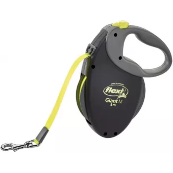 Ištraukiamas pavadėlis Flexi NEON GIANT M — 8 m juostinis pavadėlis, max apkrova 25 kg, ergonomiška rankena, juoda/geltona