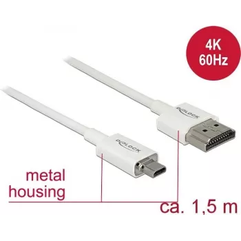 HDMI kabelis DeLOCK 85150 1,5 m HDMI A tipas į D tipą baltas