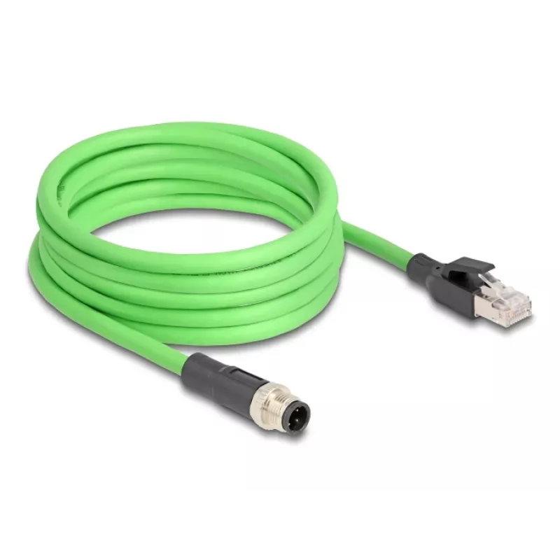 DeLOCK M12 D-koduotas 4 kontaktų kištukas į RJ45 kištuką, PUR (TPU) 5 m tinklo kabelis