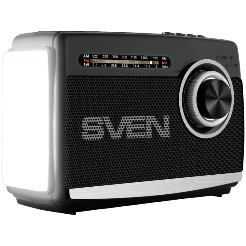 Nešiojamas radijo imtuvas ir garsiakalbis SVEN SRP-155, juodas (3W, Bluetooth, FM/AM/SW, USB, microSD, žibintuvėlis, baterija)