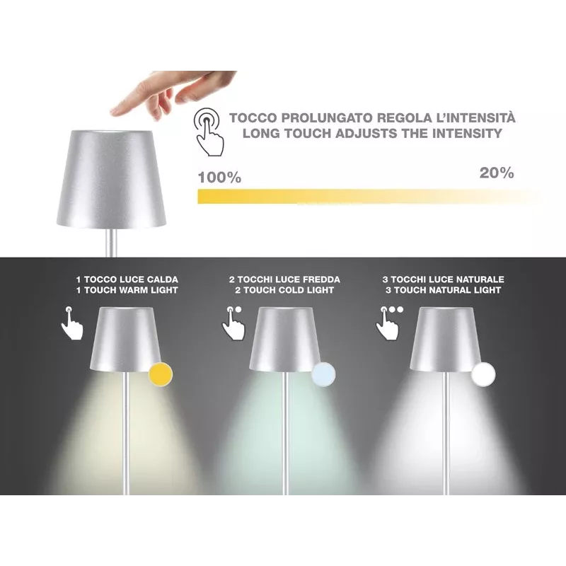 Beper P201UTP117 akumuliatorinė LED stalo lempa, 1,5 W, jutiklinis jungiklis, su ryškumo reguliavimu, 33 mm buteliui skirtas adapteris, atspari vandeniui, sidabro spalvos
