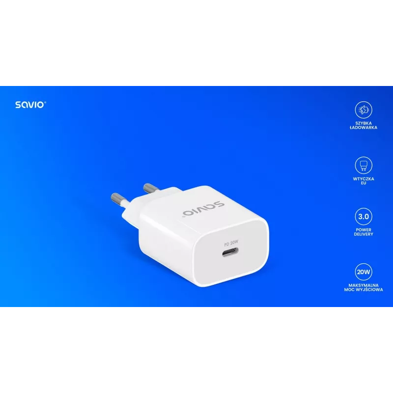 Sieninis įkroviklis 20W LA-09 USB-C QC, PD 3.0 Savio SAVLA-09