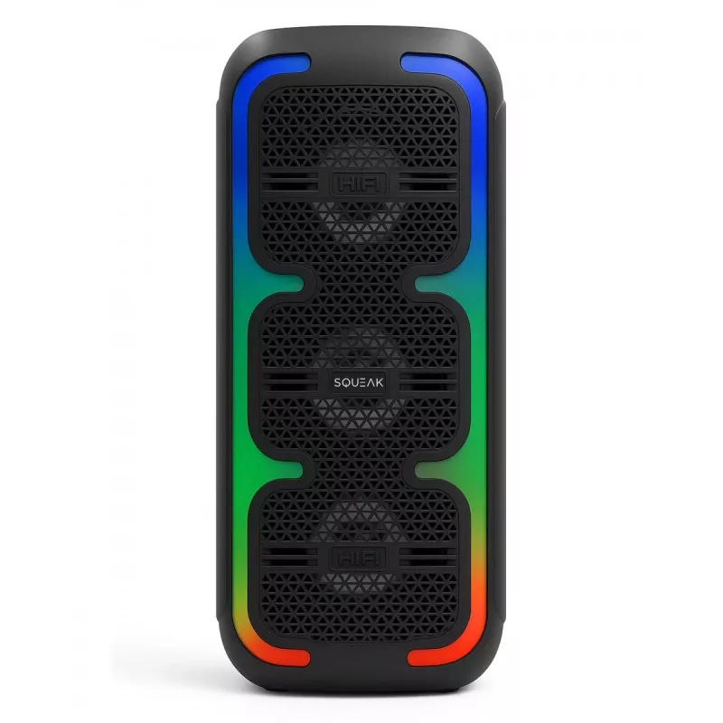 Nešiojamas stereo garsiakalbis SQUEAK SQ1009 – Bluetooth 5.3, 45W RMS, 10h baterija, FM, USB, AUX, LED, 1800 mAh, Juodas