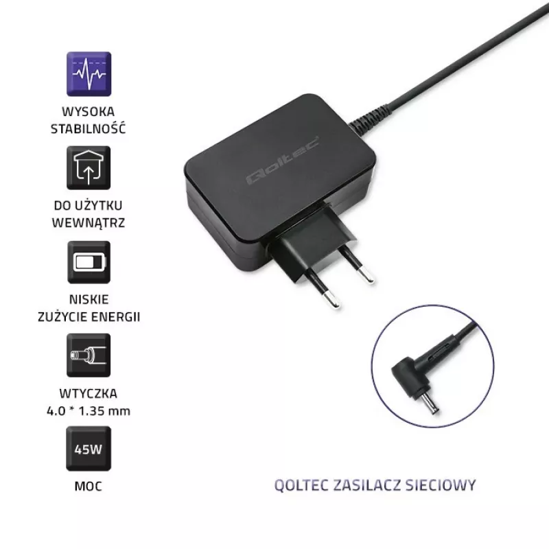Maitinimo adapteris QOLTEC 45W 19V nešiojamiesiems įrenginiams – pakaitinis adapteris 45 W 19 V