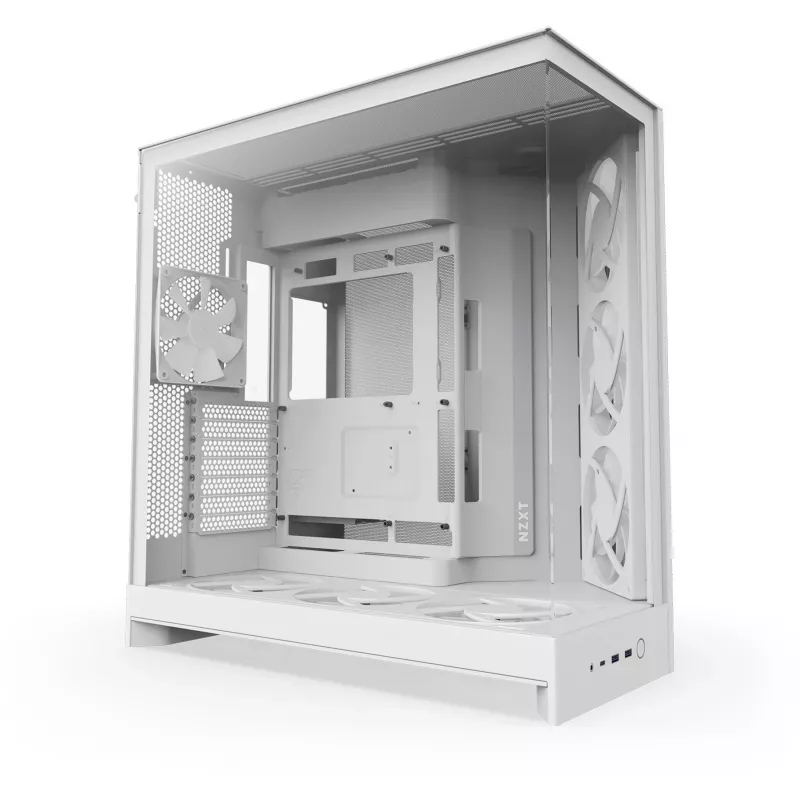 Korpusas PC Midi Tower NZXT H9 Flow RGB+ — Baltas, palaiko ATX/EATX/Micro-ITX, grūdintas stiklas, 3x140mm priekiniai + 1x120mm galiniai ventiliatoriai