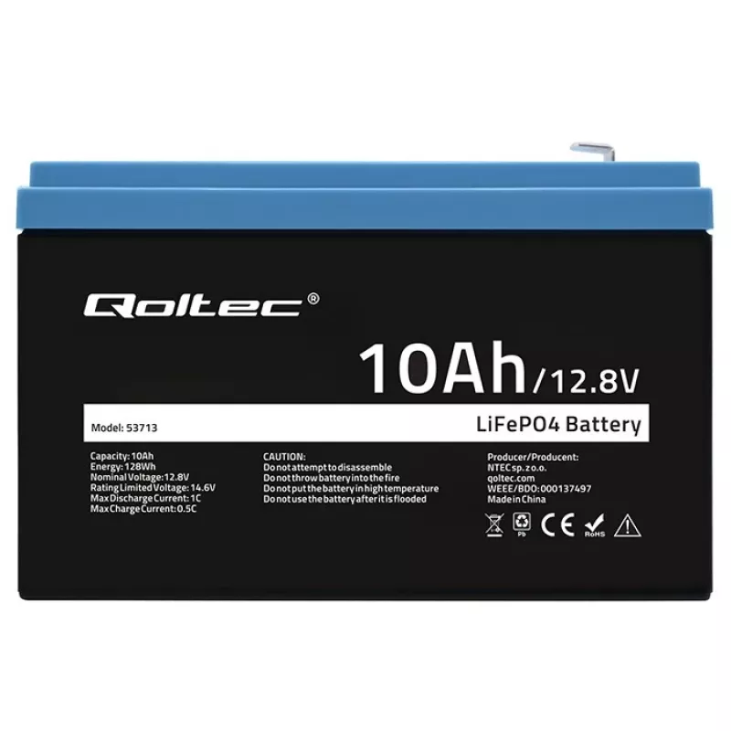 Įkraunama LiFePO4 baterija QOLTEC 10Ah 12.8V 128Wh su integruotu BMS