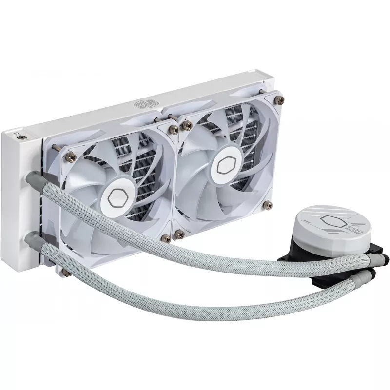 Skysto aušinimo komplektas Cooler Master MasterLiquid 240L Core ARGB White — 240 mm radiatorius, 120 mm ventiliatoriai, palaiko LGA1700/AM5/AM4 ir senesnius lizdus