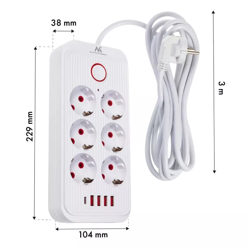 Ilgintuvas MACLEAN MCE391 W — 6 kištukinių lizdų, 4×USB-A + 1×USB-C, 3 m laidas, 110–240V, 2500W, baltas