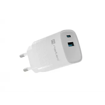 Pridėtinis mobiliojo įrenginio įkroviklis NATEC NUC-2140, 30W, USB-C PD 3.0 + USB-A, Samsung AFC, Baltas