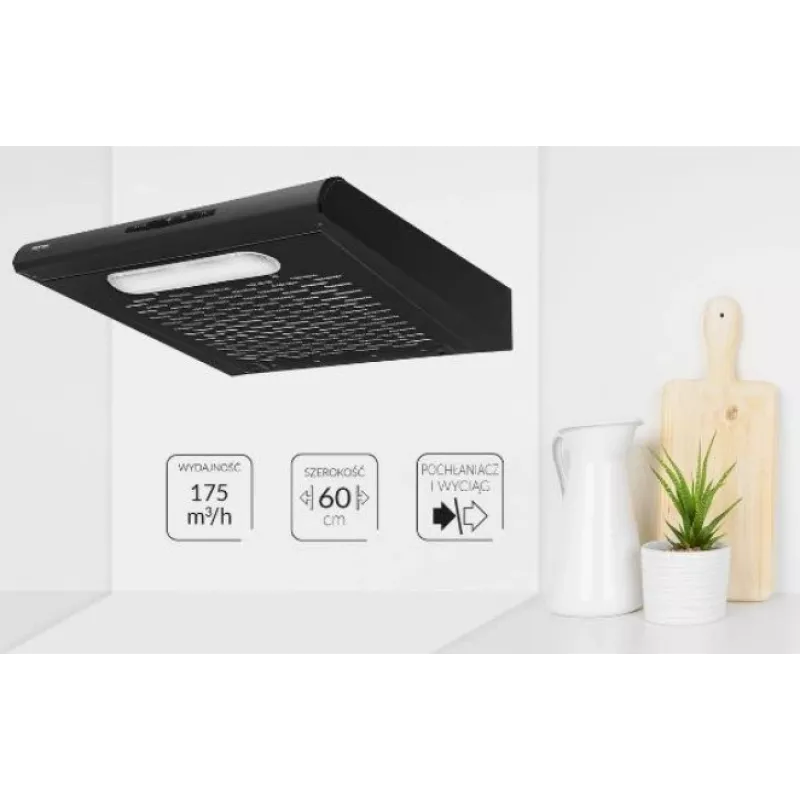 Įmontuojamas gartraukis MPM MPM-61-PX-73, juodas nerūdijantis plienas, 600×190×560 mm, 175 m³/h, anglies filtras
