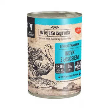 WIEJSKA ZAGRODA Indėnas su lašiša – šlapias kačių maistas – 400 g