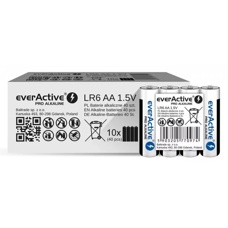 Šarminės baterijos everActive LR6 AA, 4 vnt. — 1,5V, 3000 mAh, 50,5×14,5 mm