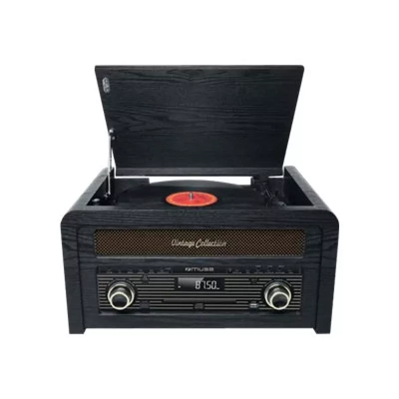 Patefonas muse MT-115 W – juodas/auksinis, 33-45-78 aps./min., J formos tonearmas, sukamas garsumas, 240 V kintamoji srovė