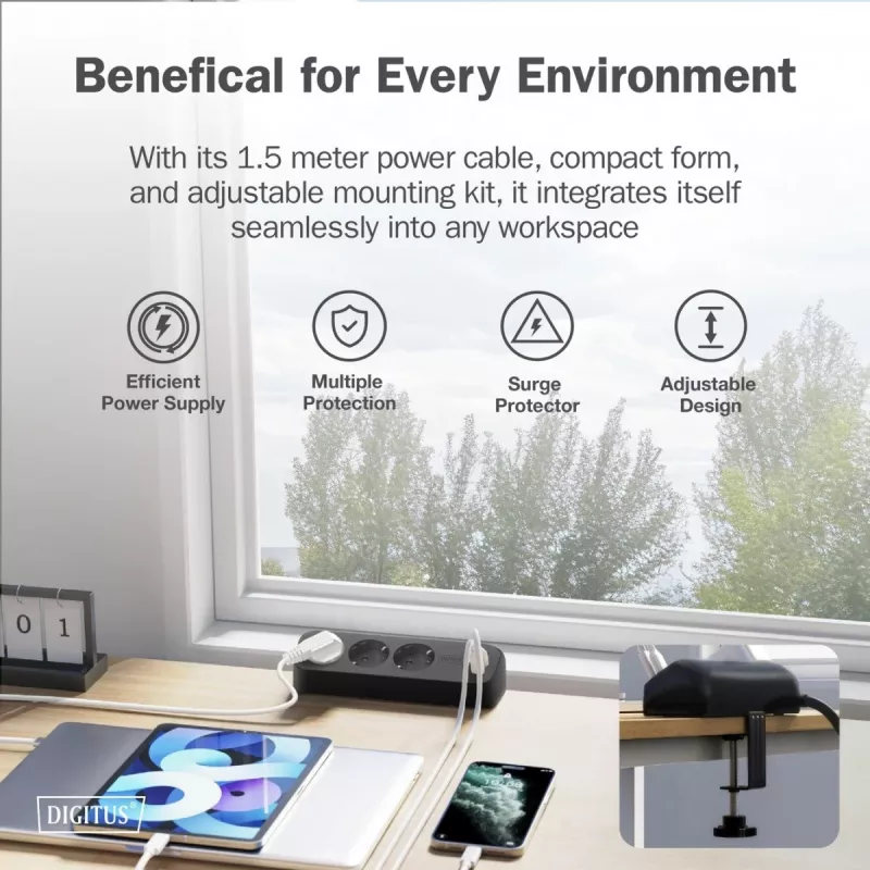 DIGITUS 3-jų lizdų ilginimo blokas su 2×USB-A ir 1×USB-C, 3 AC lizdai (E/F tipas), 1,5 m laidas, juodas
