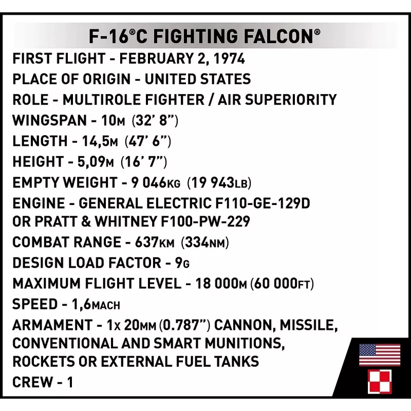 Konstruktorius Cobi F-16C Fighting Falcon — 463 dalys, mastelio modelio konstravimo rinkinys