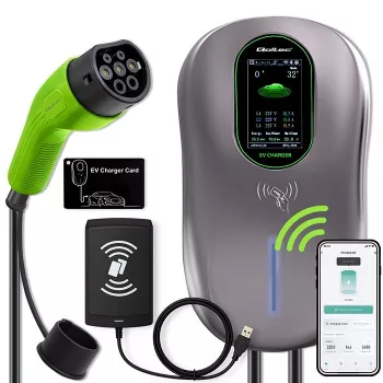 QOLTEC Wallbox EV įkrovimo stotelė Type 2 22 kW LCD 2 RFID kortelės 3 fazės 5 m kabelis viešbučio sistema