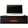 TV stovas su židiniu Cama Meble GRANERO 200 x 56,7 x 35 cm, juodas / juodas blizgesys, 2 durys, 2 lentynos, stumdomos durys, MDF / medžio drožlių plokštė