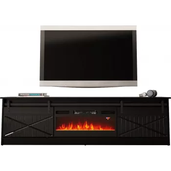TV stovas su židiniu Cama Meble GRANERO 200 x 56,7 x 35 cm, juodas / juodas blizgesys, 2 durys, 2 lentynos, stumdomos durys, MDF / medžio drožlių plokštė