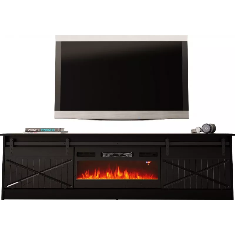 TV stovas su židiniu Cama Meble GRANERO 200 x 56,7 x 35 cm, juodas / juodas blizgesys, 2 durys, 2 lentynos, stumdomos durys, MDF / medžio drožlių plokštė