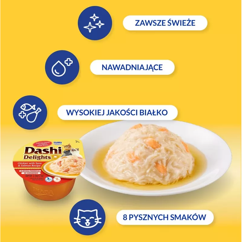 INABA Dashi Delights vištiena, tunas ir lašišos sultinys – skanėstas katėms – 70g