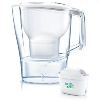 BRITA Aluna vandens filtro ąsotis permatomas baltas – 2,4 l talpa / 1,4 l filtruoto vandens, MAXTRA, tinka plauti indaplovėje