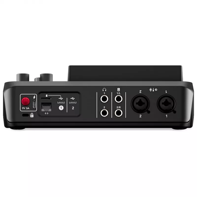 Studijos valdiklis RØDE Caster Duo Black — 2 kombinuoti XLR/TRS, 2 TRS linijiniai išėjimai, 48 kHz, 24 bitai, jutiklinis ekranas, „Wi‑Fi“, „Bluetooth“