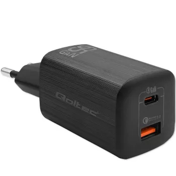 Qoltec 50766 įkroviklis nešiojamam kompiuteriui, nešiojamai žaidimų konsolei, powerbankui, išmaniajam telefonui, išmaniajam laikrodžiui, planšetei, juodas, AC greitas įkrovimas, vidaus naudojimui