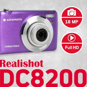 Skaitmeninis fotoaparatas Agfa Photo DC8200 Violetinis + Dėklas + SD 16GB kortelė