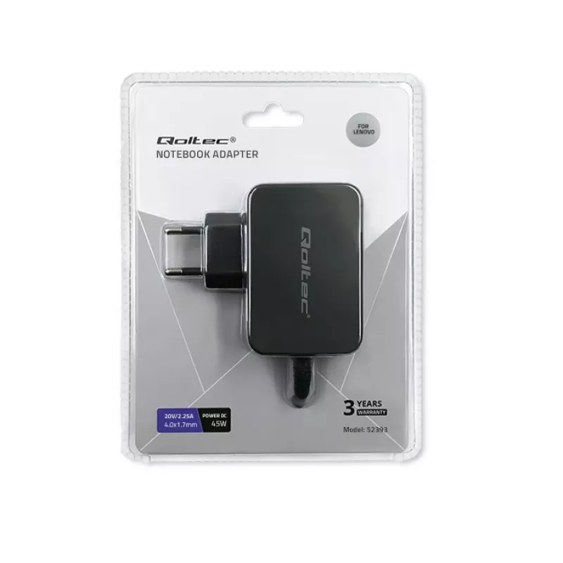 Maitinimo adapteris QOLTEC 45W 20V 2.25A nešiojamiesiems įrenginiams, modelis 52393