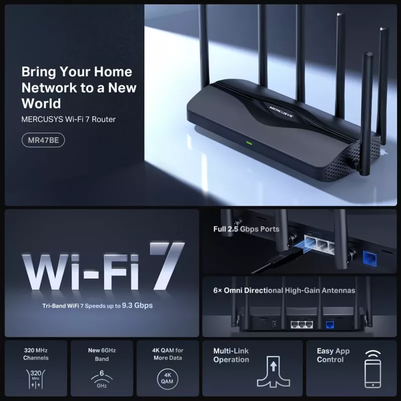 Stalininis maršrutizatorius MERCUSYS MR47BE — triju juostų „Wi‑Fi 7“ (2,4/5/6 GHz), 9300 Mbps, 3× RJ‑45, 2,5GbE, 6 išorinių antenų
