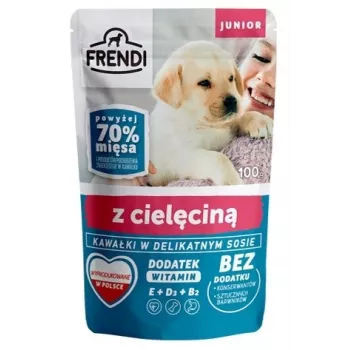 FRENDI Junior gabaliukai švelniame padaže su veršiena - šlapias šunų maistas - 100 g