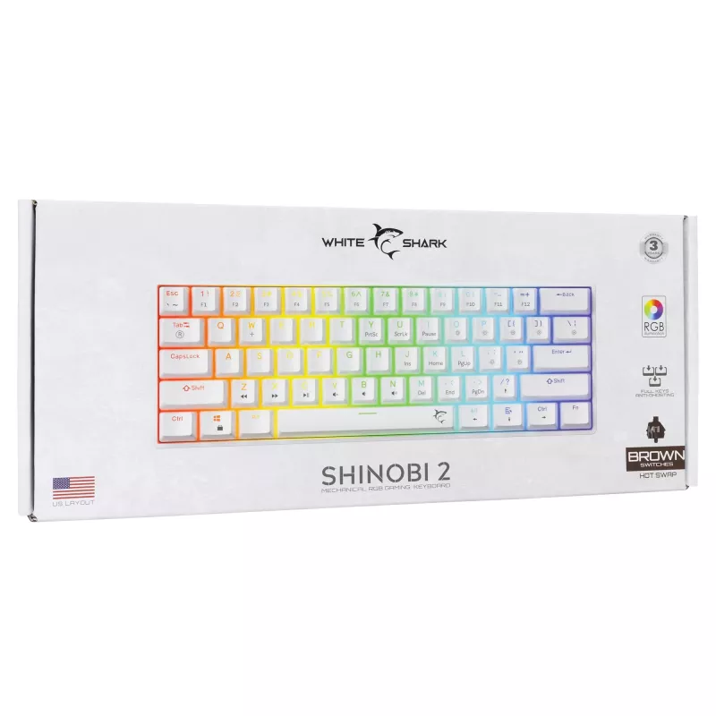 Mechaninė klaviatūra White Shark Shinobi-2 Brown Switch US išdėstymas – kompaktiškas dizainas, rudi jungikliai