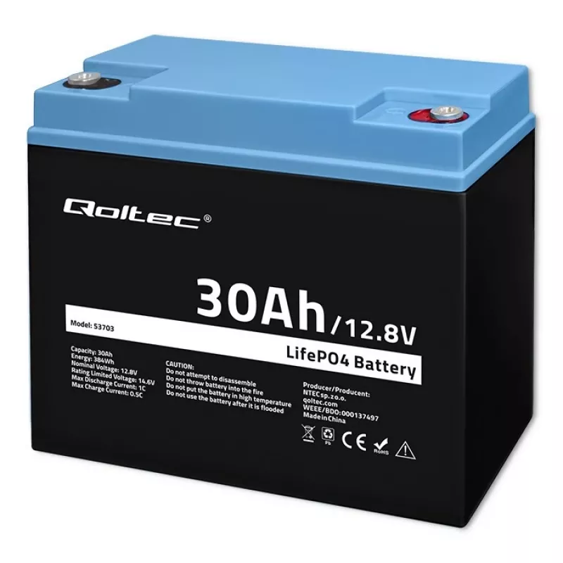 Įkraunama LiFePO4 baterija QOLTEC 12,8V 30Ah 384Wh su BMS