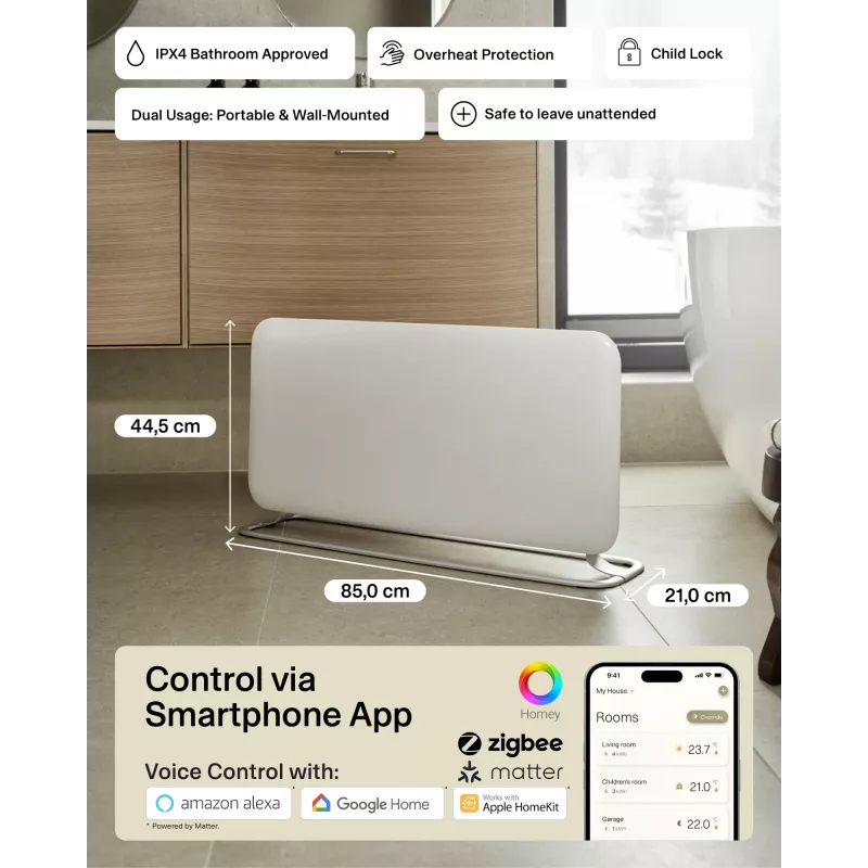 Mill WiFi Panelinis Šildytuvas PA1500WIFI4A | 1500 W | Tinka patalpoms iki 22 m² | Baltas | IPX4