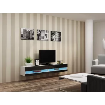 TV stovas Cama Meble VIGO NEW 30/180/40, baltas viršus, juodas blizgus rėmas, 1800×400×300 mm