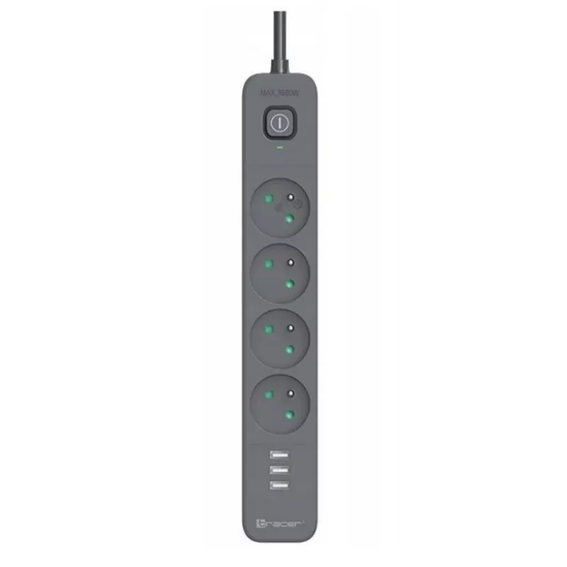 TRACER Power Line+ apsauginis ilgintuvas su USB 1,5 m (4 kištukiniai lizdai + 3x USB A, 5V 2,4A)