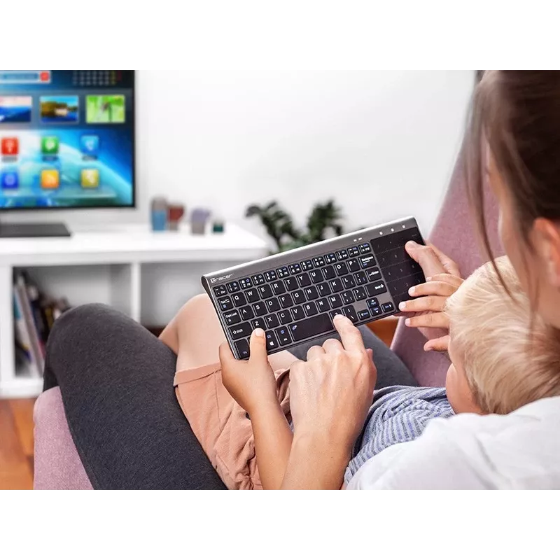 Belaidis RF pilno dydžio klaviatūra TRACER TRAKLA46934, QWERTY anglų, 2,4 GHz Nano imtuvas, membraninė, juoda/pilka
